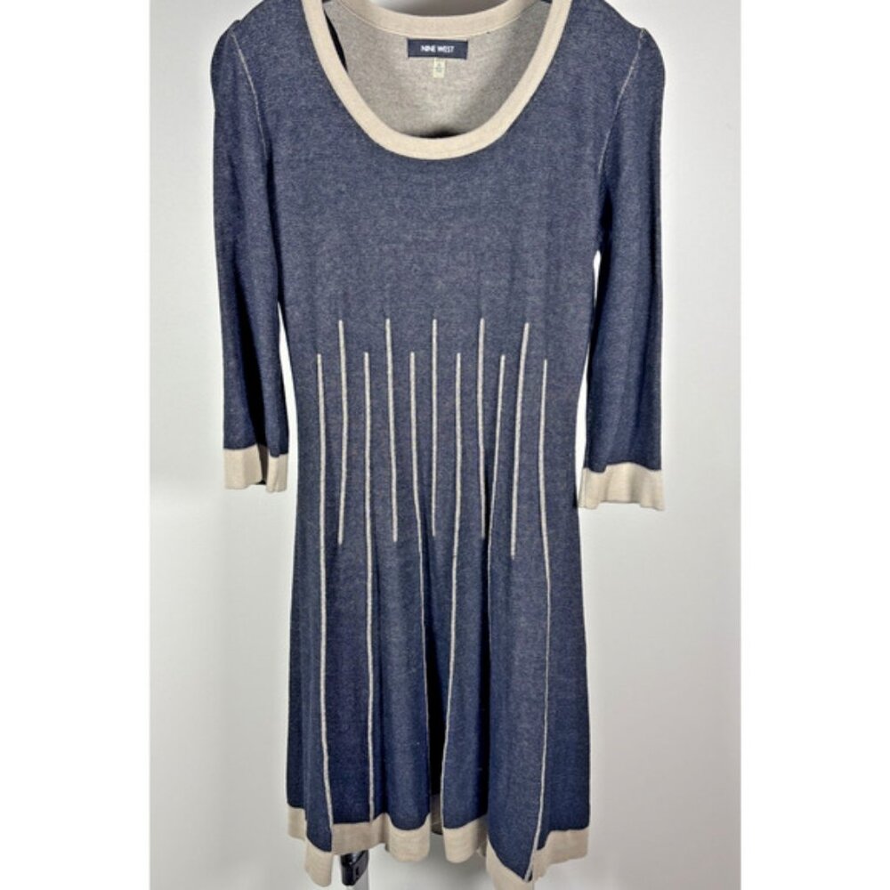 Nine West 3/4 Sleeve Sweater Dress Knee Length Black Beige Trim Women's Sz M